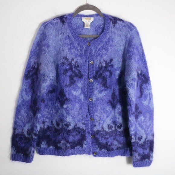 Talbots Vintage 90s Mohair Blend Cardigan Sweater Large Hand Knit Purple Damask - Picture 1 of 8